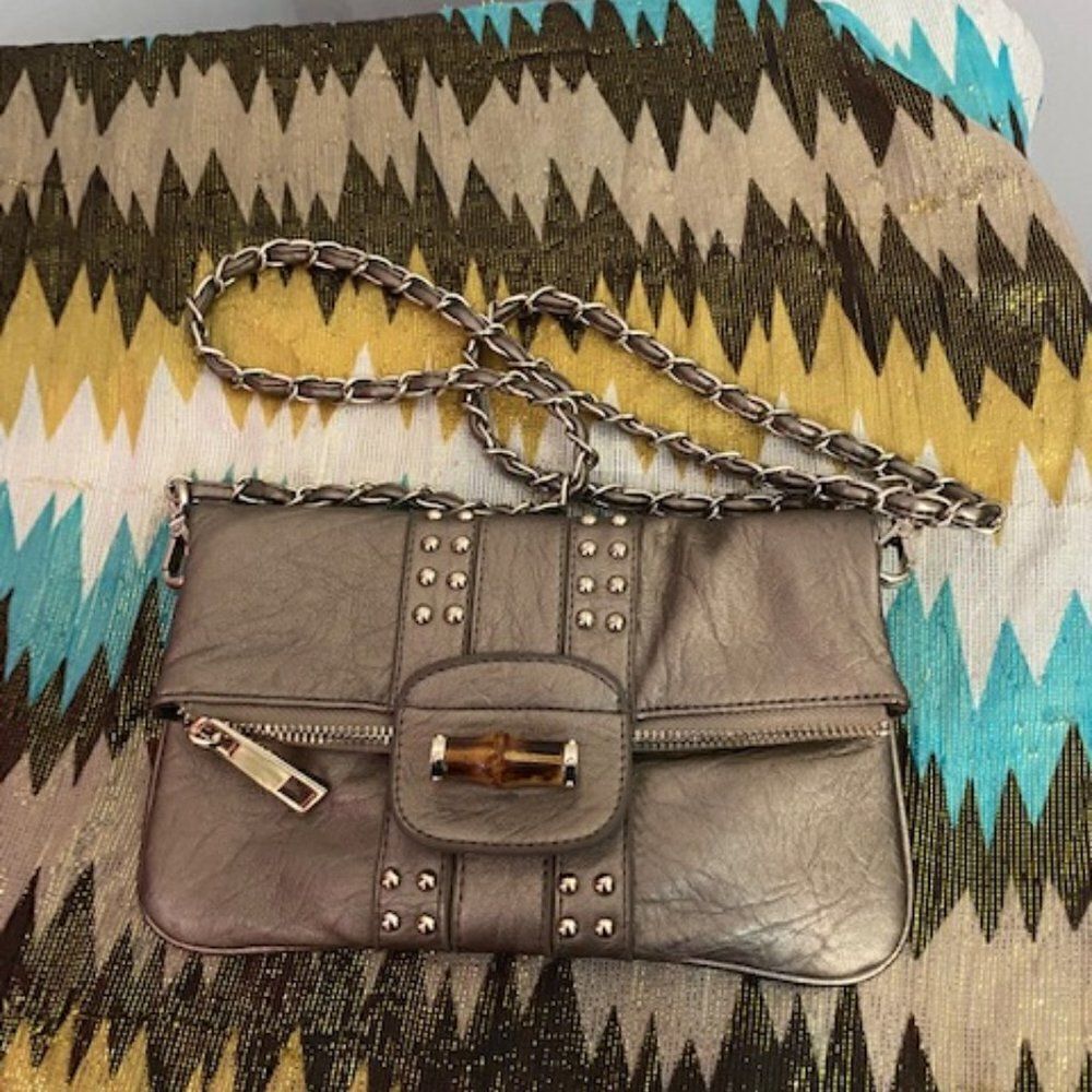 CACHE Gold Studded Fold-over Crossbody bag with Bamboo Closure EUC